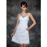 Sheath/Column V-neck Knee-Length Satin Wedding Dress With Lace Beadwork (002000222)