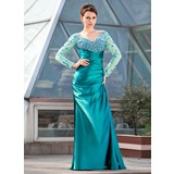 Sheath V-neck Tulle Charmeuse Mother of the Bride Dress With Ruffle Beading Sequins (008018682)
