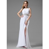 A-Line/Princess Scoop Neck Sweep Train Chiffon Prom Dress With Ruffle Beading (018004915)