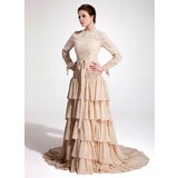 A-Line/Princess High Neck Court Train Chiffon Lace Evening Dress With Ruffle (017020660)