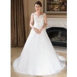 A-Line/Princess Off-the-Shoulder Chapel Train Organza Satin Wedding Dress With Embroidery Beadwork Sequins (002000389)