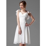 A-Line/Princess V-neck Knee-Length Chiffon Bridesmaid Dress With Ruffle Beading (007004117)