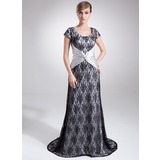 Sheath Scoop Neck Court Train Charmeuse Lace Mother of the Bride Dress With Lace Beading (008006527)