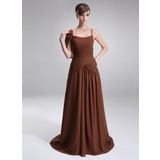 A-Line/Princess Scoop Neck Chapel Train Chiffon  Charmeuse Oscar Style Dresses With Ruffle (028005025)