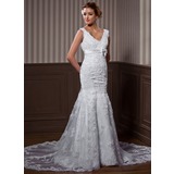 A-Line/Princess V-neck Chapel Train Organza Satin Wedding Dress With Lace Beadwork (002004537)