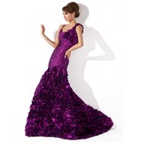 Mermaid Scoop Neck Court Train Taffeta Evening Dress With Ruffle Flower(s) (017013776)