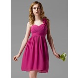 Impero Monospalla Al ginocchio Chiffon Abito da damigella con Increspature Fiori (007004131)
