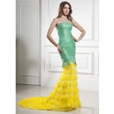 Mermaid Strapless Court Train Organza Satin Prom Dress With Lace (018015436)