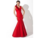 Mermaid V-neck Floor-Length Taffeta Evening Dress With Ruffle Flower(s) (017002546)