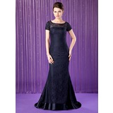 Mermaid Scoop Neck Sweep Train Charmeuse Lace Mother of the Bride Dress With Beading Sequins (008018690)