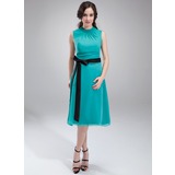 A-Line/Princess Scoop Neck Tea-Length Chiffon Charmeuse Maternity Bridesmaid Dress With Ruffle Sash (045004384)