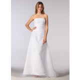 A-Line/Princess Strapless Court Train Organza Satin Wedding Dress With Ruffle Beadwork (002001219)