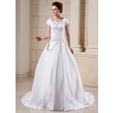 De baile Decote redondo Cauda capela Cetim Vestidos de noiva com Bordados Bordado (002001624)