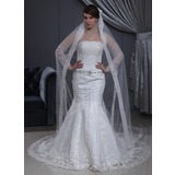 Mermaid Strapless Chapel Train Satin Tulle Wedding Dress With Lace Beadwork (002011462)