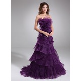 A-Line/Princess Strapless Sweep Train Organza Prom Dress With Ruffle (018020685)