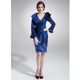 Sheath V-neck Tea-Length Taffeta Mother of the Bride Dress With Embroidered Ruffle (008006298)