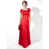 Império Decote quadrado Vestidos longo cetim Vestido de madrinha com Pregueado (007001492)