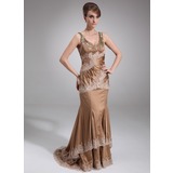 Mermaid Scoop Neck Court Train Charmeuse Mother of the Bride Dress With Ruffle Lace Beading (008016853)