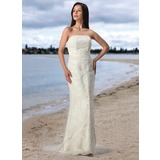 Sheath/Column Strapless Court Train Satin Tulle Wedding Dress With Lace (002005197)