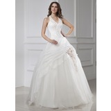 Ball-Gown Halter Floor-Length Organza Satin Tulle Wedding Dress With Beadwork Flower(s) (002015456)