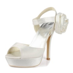 Satin Stiletto Heel Platform Slingbacks Pumps Sandals Wedding Shoes With Buckle Satin Flower (047011830)