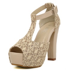 Leatherette Chunky Heel Peep Toe Pumps With Buckle (085025151)