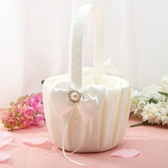 Flower Basket In Ivory Satin And Organza With Bow And Faux Peal(102018048)
