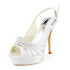 Satin Stiletto Heel Peep Toe Platform Slingbacks Pumps Wedding Shoes With Buckle Rhinestone (047011846)