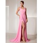 Sheath Halter Sweep Train Chiffon Prom Dress With Ruffle Beading Flower(s) (018014469)
