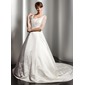 Duchesse-Linie V-Ausschnitt Kapellen Schleppe Satin Brautkleid mit Spitze Perlen verziert (002014523)