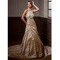 A-Line/Princess Halter Chapel Train Taffeta Organza Wedding Dress With Ruffle Beadwork (002004550)