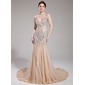 Sheath V-neck Chapel Train Tulle Prom Dress With Beading (018018993)
