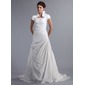A-Line/Princess High Neck Chapel Train Taffeta Wedding Dress With Ruffle Beadwork (002012802)