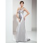 Empire One-Shoulder Sweep Train Charmeuse Evening Dress With Ruffle Beading (017020659)