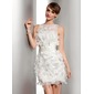 Sheath/Column Scoop Neck Short/Mini Organza Satin Wedding Dress With Ruffle Flower(s) (002014506) Sheath/Column Scoop Neck Short/Mini Organza Satin Wedding Dress With Ruffle Flower(s) (002014506)