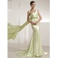 Mermaid One-Shoulder Watteau Train Charmeuse Evening Dress With Ruffle Beading (017014221)