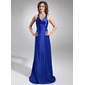 Sheath Halter Sweep Train Charmeuse Prom Dress With Ruffle Beading (018002773)