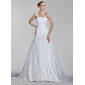 A-Line/Principessa Monospalla Coda a strascico corto raso Tulle Abito per matrimonio con Increspature Pizzo (002004516)