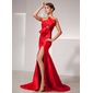 Sheath Scalloped Neck Court Train Taffeta Prom Dress With Ruffle Beading (018014416)