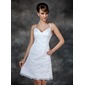 Sheath/Column V-neck Knee-Length Satin Wedding Dress With Lace Beadwork (002000222)