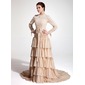 A-Line/Princess High Neck Court Train Chiffon Lace Evening Dress With Ruffle (017020660) A-Line/Princess High Neck Court Train Chiffon Lace Evening Dress With Ruffle (017020660)