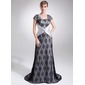 Sheath Scoop Neck Court Train Charmeuse Lace Mother of the Bride Dress With Lace Beading (008006527)