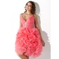 A-Line/Princess V-neck Knee-Length Organza Homecoming Dress With Ruffle Beading Sequins (022008963)