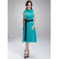 A-Line/Princess Scoop Neck Tea-Length Chiffon Charmeuse Maternity Bridesmaid Dress With Ruffle Sash (045004384)