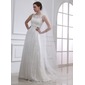 A-Line/Princess Scoop Neck Court Train Satin Tulle Wedding Dress With Lace Beadwork (002004543)