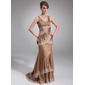 Mermaid Scoop Neck Court Train Charmeuse Mother of the Bride Dress With Ruffle Lace Beading (008016853)