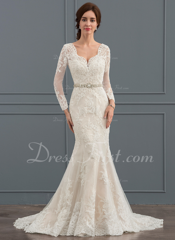 corte trompeta/sirena escote en v cola corte tul vestido de novia
