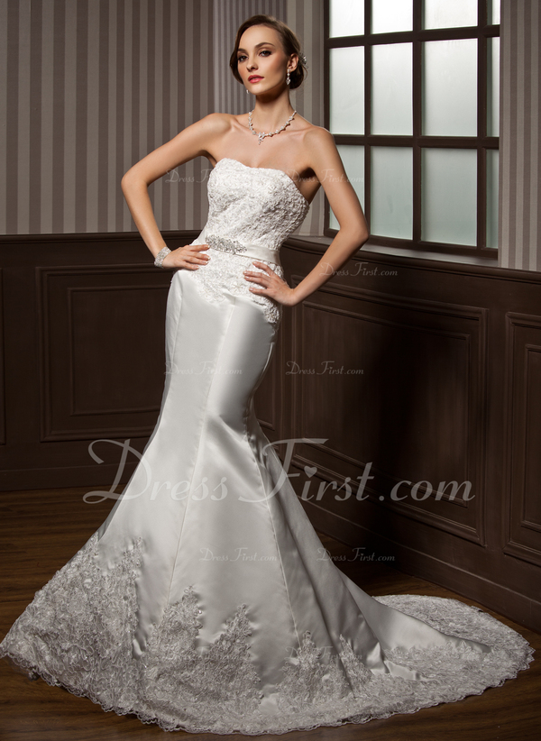 corte trompeta/sirena escote corazón cola corte satén vestido de