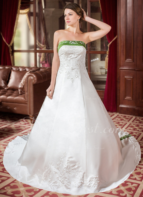 Ball-Gown Strapless Royal Train Satin Wedding Dress With Embroidered