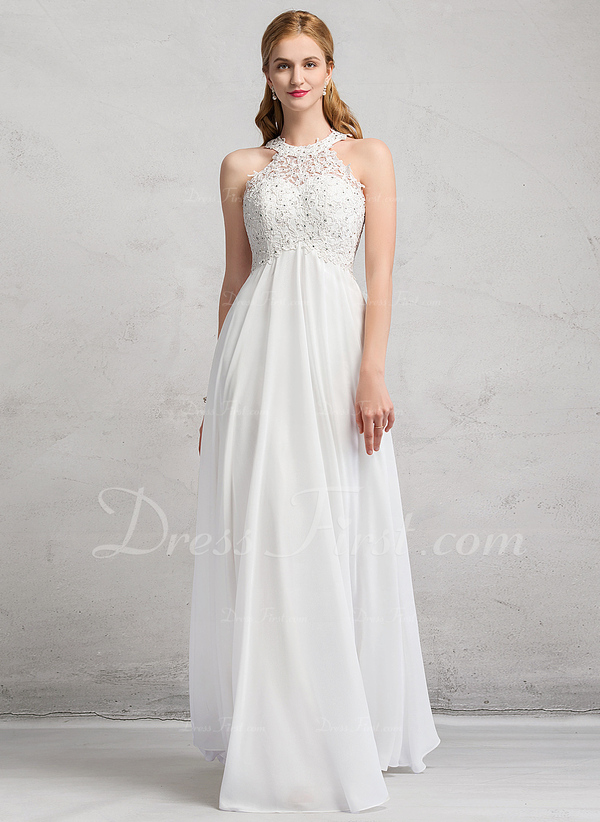 corte imperial escote redondo hasta el suelo gasa vestido de novia